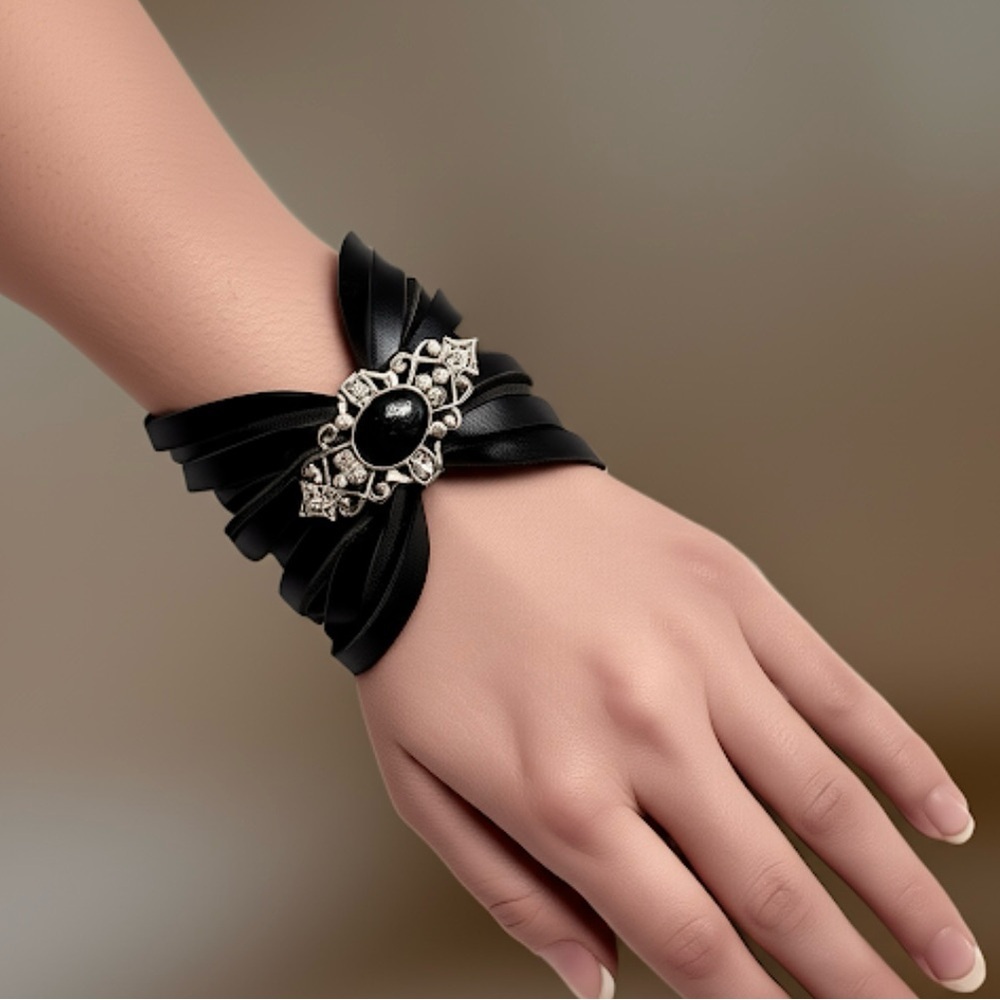 Elegant Black Leather Bracelet with Silver Accents